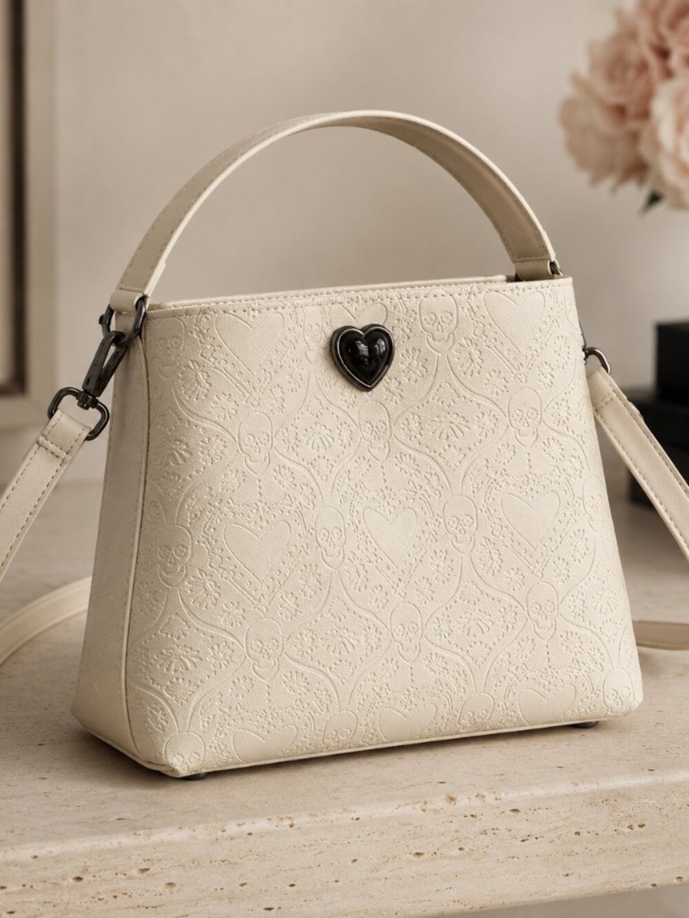 Betsey Johnson Ivory Skull Heart Embossed Crossbody Bag NWT